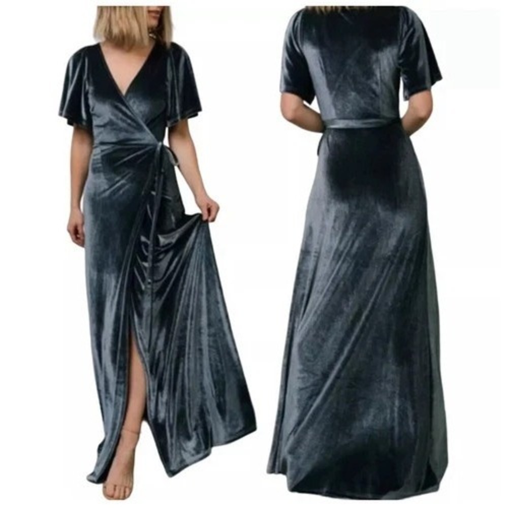 Baltic Born Meghan Velvet Maxi Wrap Dress Short Sleeve V‎ Neck Deep Blue XXL NWT